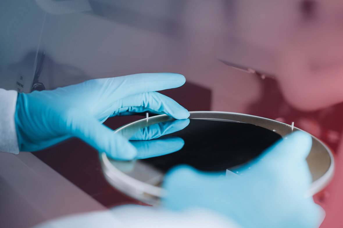 Hände mit blauen Handschuhen platzieren einen Wafer in einem Carrier zur Beschichtung