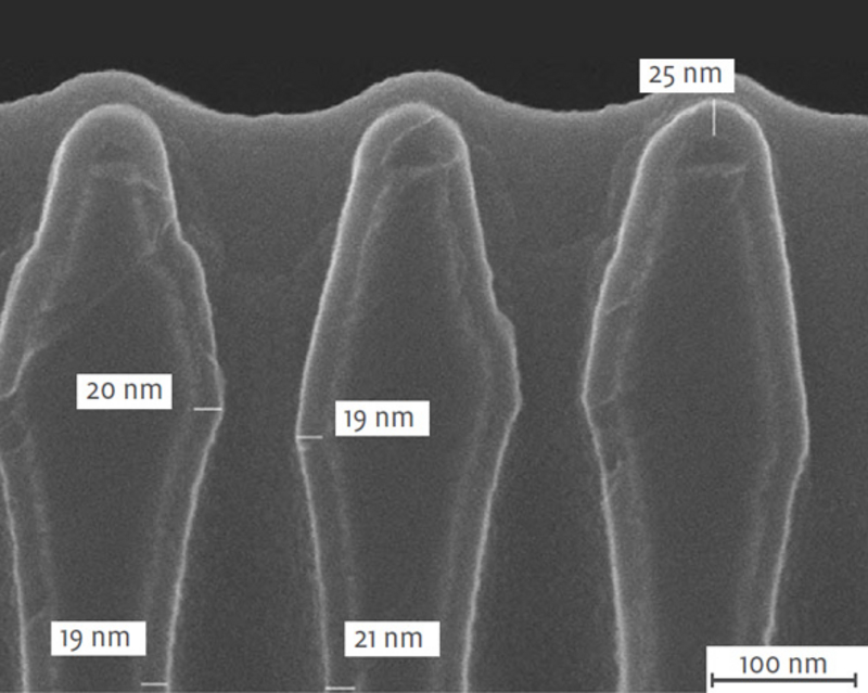 Rasterelektronenmikroskop-Aufnahme von nanostrukturierten Spitzen mit Gr&ouml;&szlig;enangaben zwischen 19 nm und 25 nm.